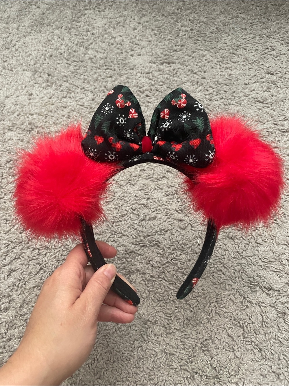 Disney Christmas Red Pom Pom Minnie Ear with Black Holiday Bow